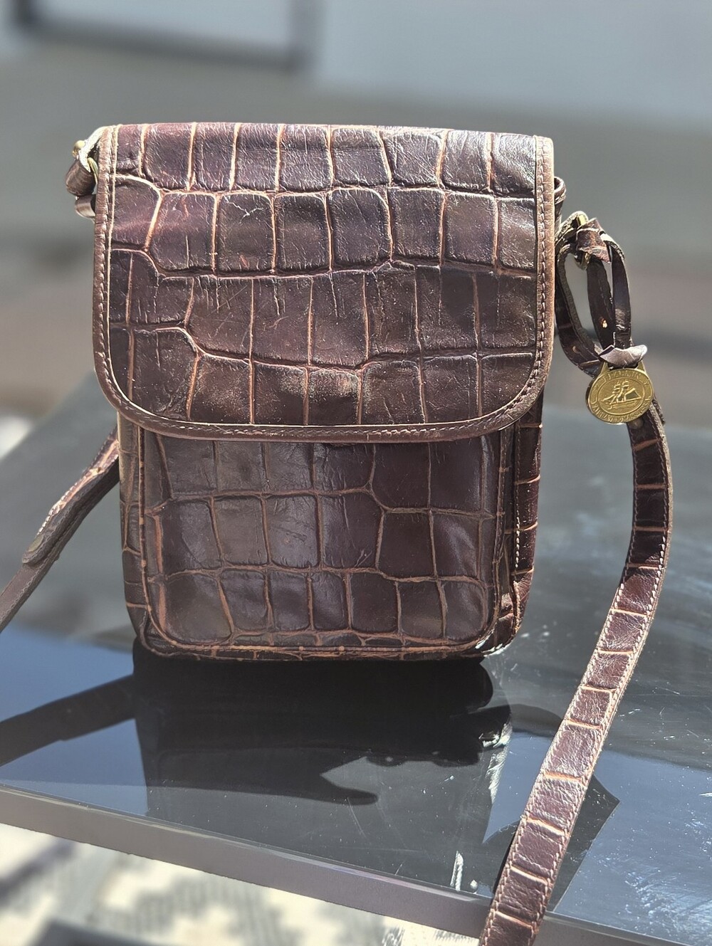 Brahmin Croc-Embossed Brown Leather Crossbody Bag